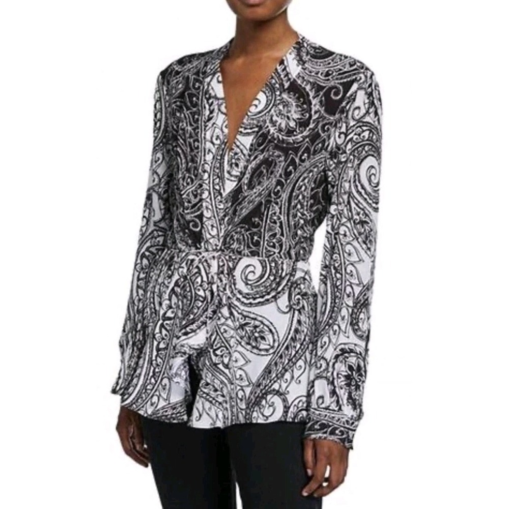 Robert Graham Womens Silk Tie Button Front Peplum Blouse Black White Paisley L